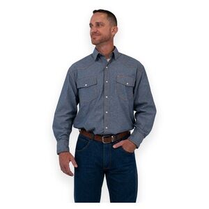 NWT Key, Chambray Long Sleeve Western Shirt in Blue Chambray, Size Med Reg